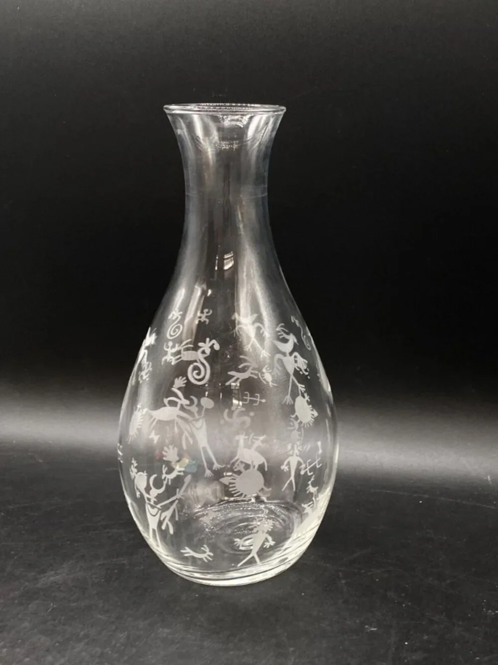 Etched Petroglyph Cave Drawings Clear 9” Tall Wine Carafe